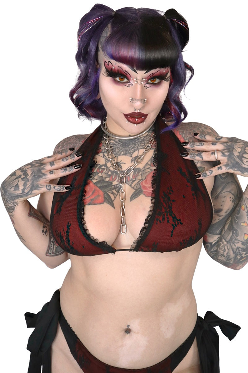 halter top ruffled lace bikini top by forest ink 