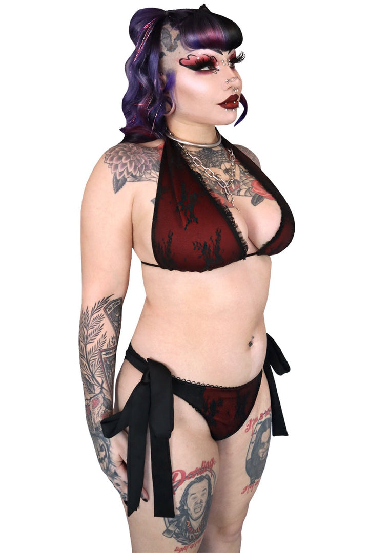 red plunging neckline halter top ruffled lace bikini top