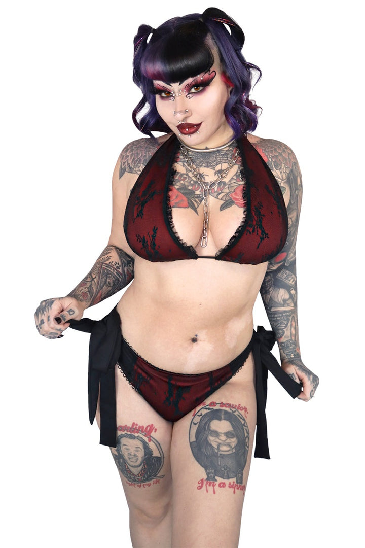 plunging neckline halter top ruffled lace bikini top