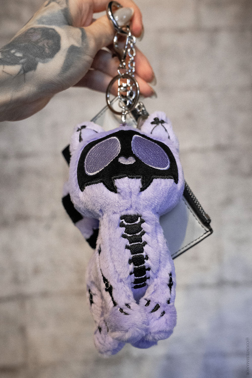 embroidered 3d novelty pastel goth skeleton cat plush bag charm