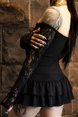 Black lace long sleeve womens top with scalloped trim