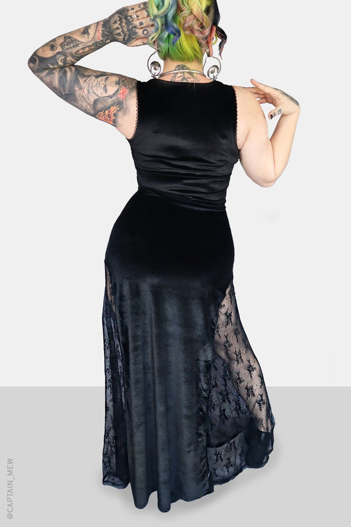 womens long black velvet maxi dress with leg slits