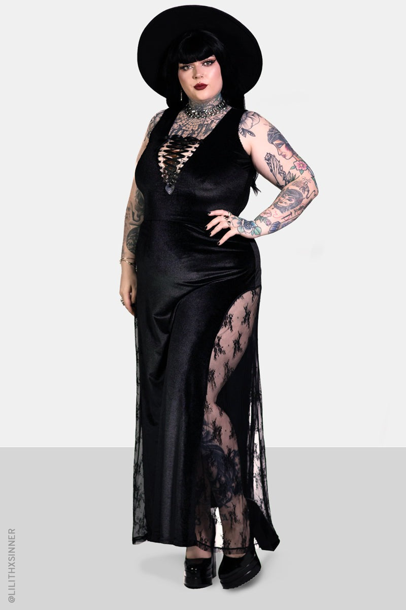 womens black velvet long goth dress