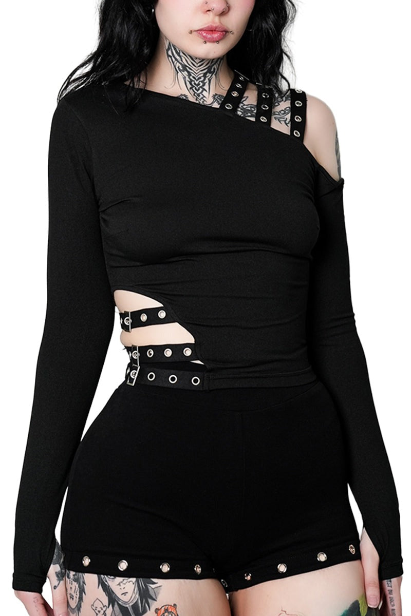 womens strappy buckle long sleeve blouse