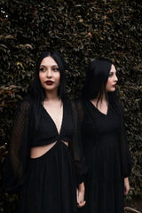 Womens all black full length dress with chiffon material