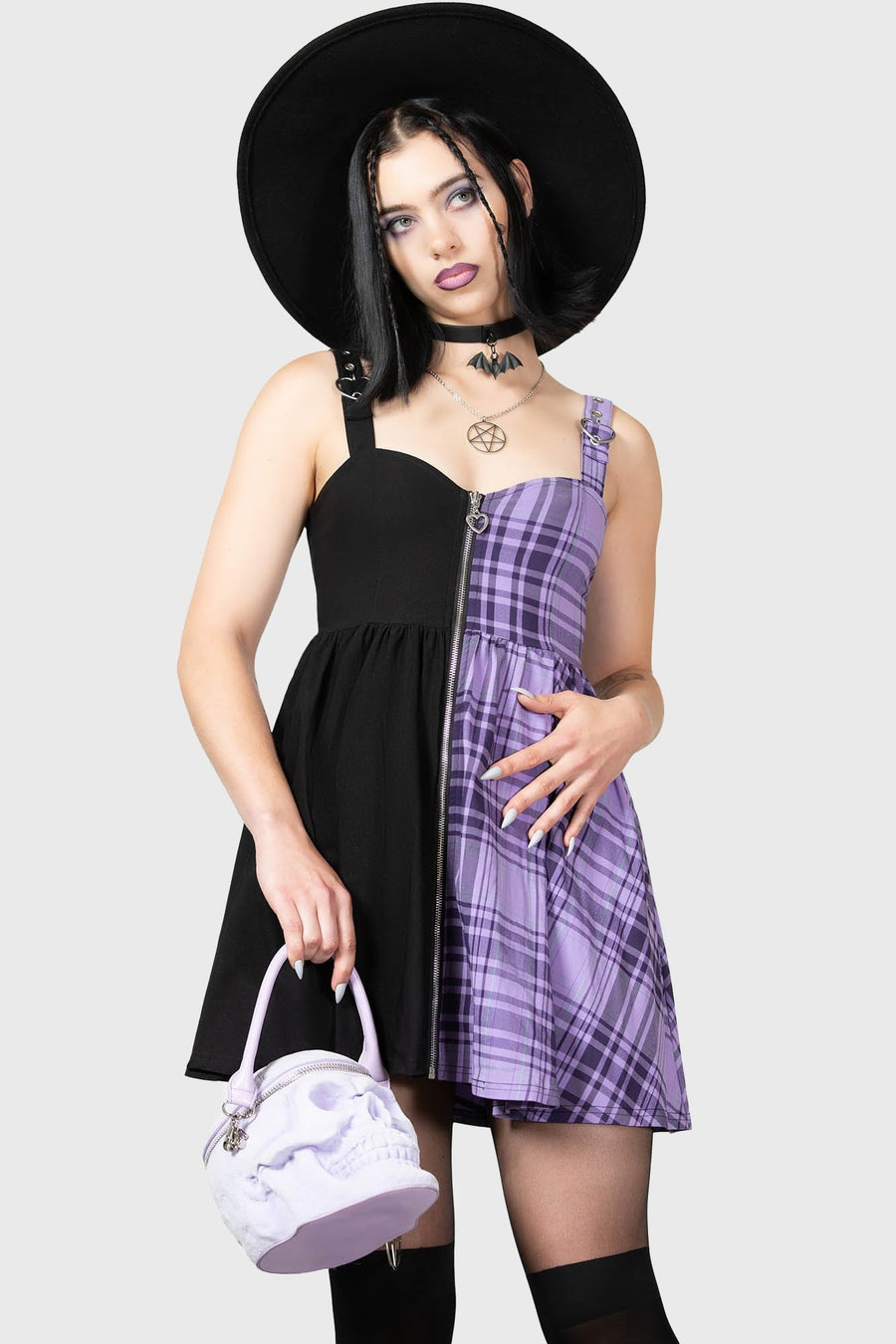 womens pastel purple plaid dress with flared skirt