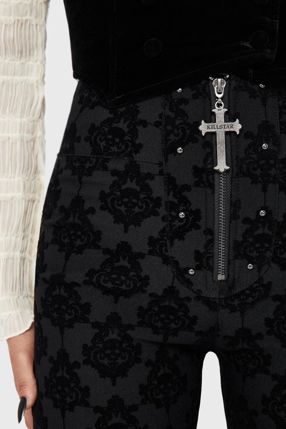 womens high rise damask trad goth pants with gothic cross zipper pull charm