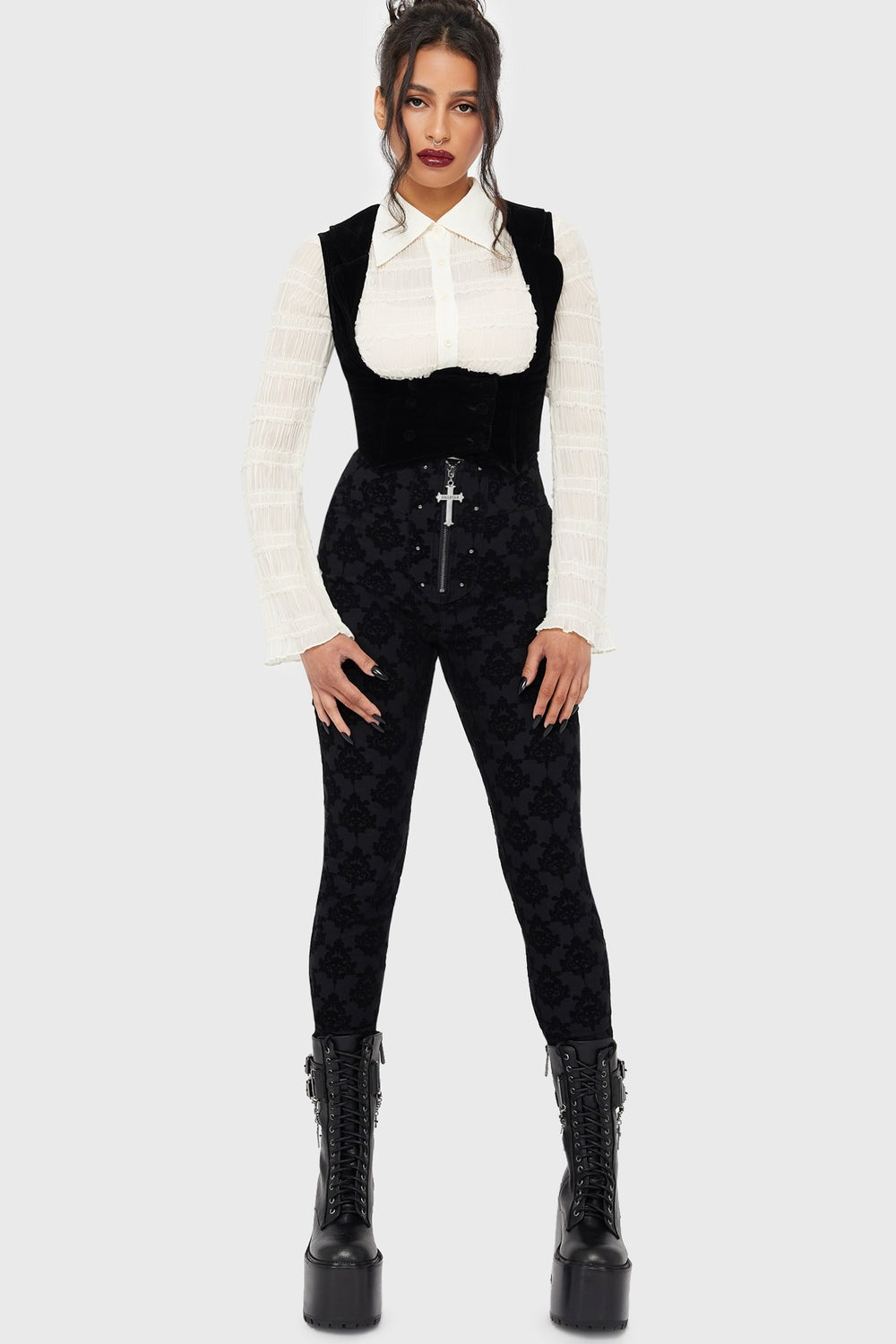 womens high rise damask trad goth skinny jeans 