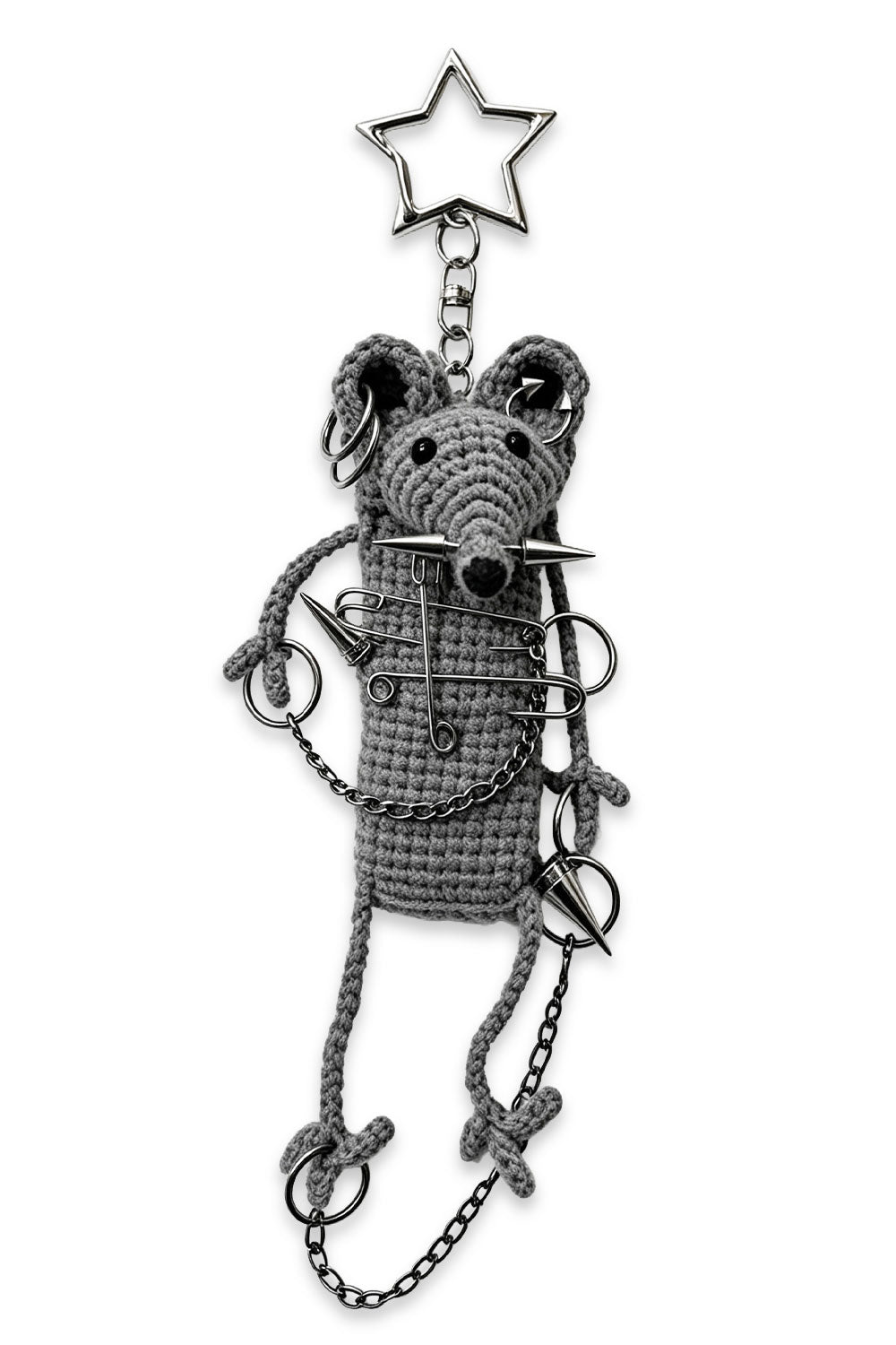 Fun mouse keychain accessory with chains and piercings