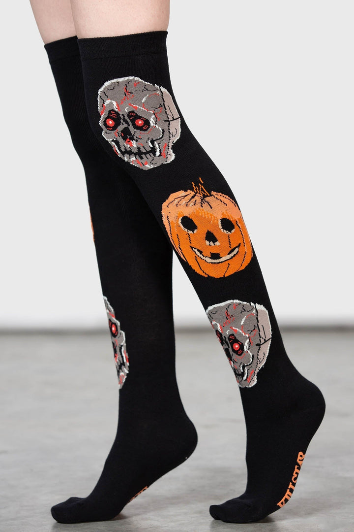 womens gothic pumpkin knee-high socks
