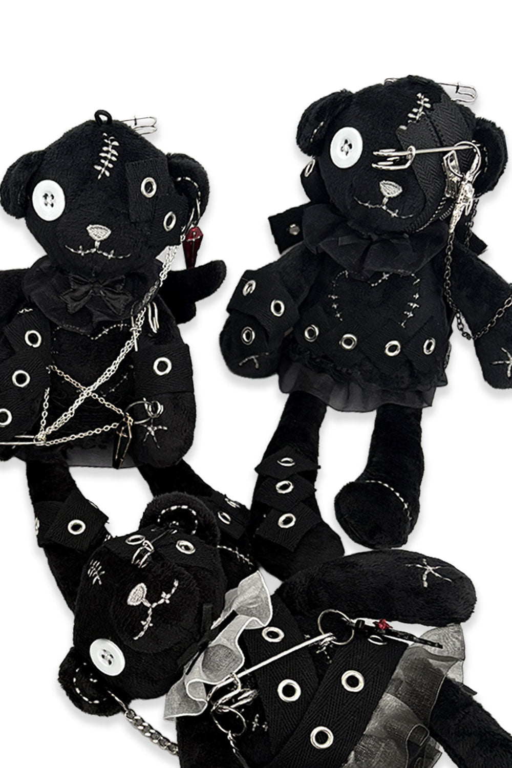 Handmade studded emo plush teddy with safety pins