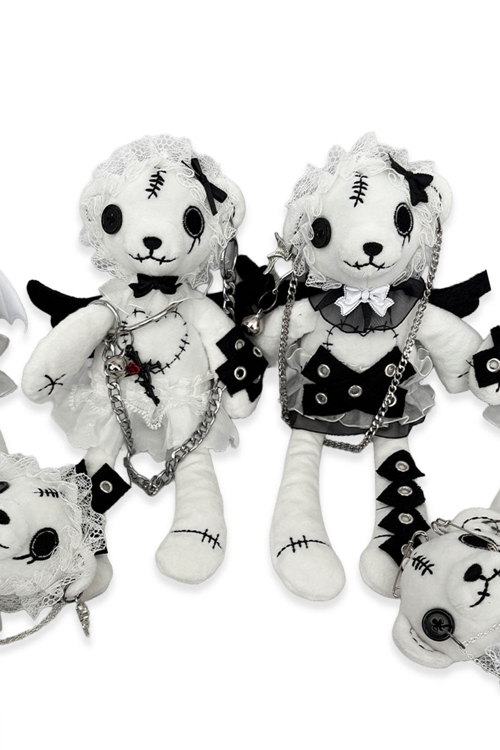 Goth toy plush stitched teddy bear with ruffle and bow details