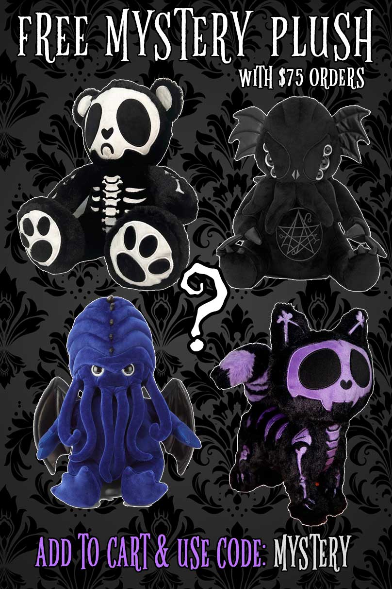 Promotional poster for free mystery plush with $75 orders, featuring four plush toys on a dark background.