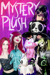 A promotional graphic for a 'Mystery Plush' featuring multiple models with colorful hair holding various plush toys, set against a vibrant purple and pink background with stylized text.