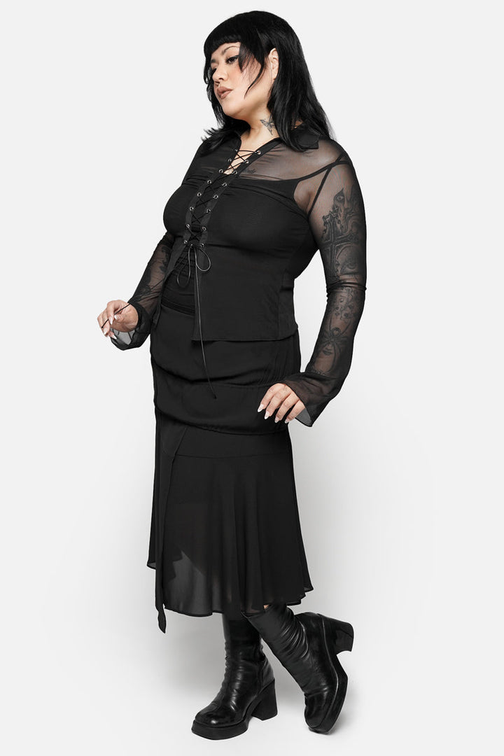 plus size lace-up gothic flared sleeve mesh shirt