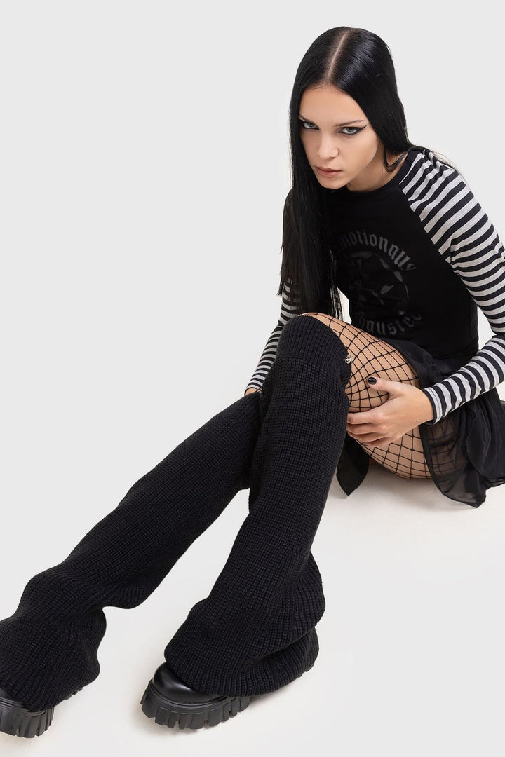 black knitted knee-high leg warmers