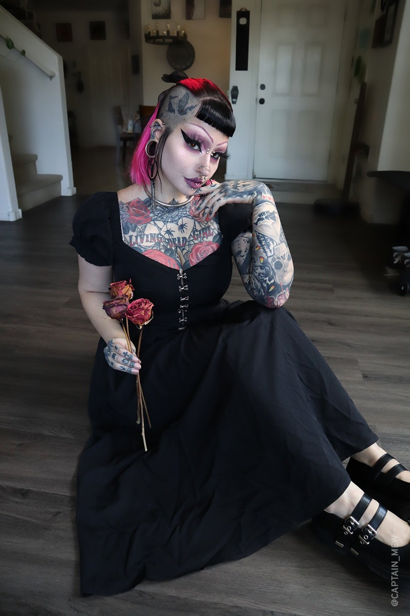 womens puffed sleeve dark cottagecore dress