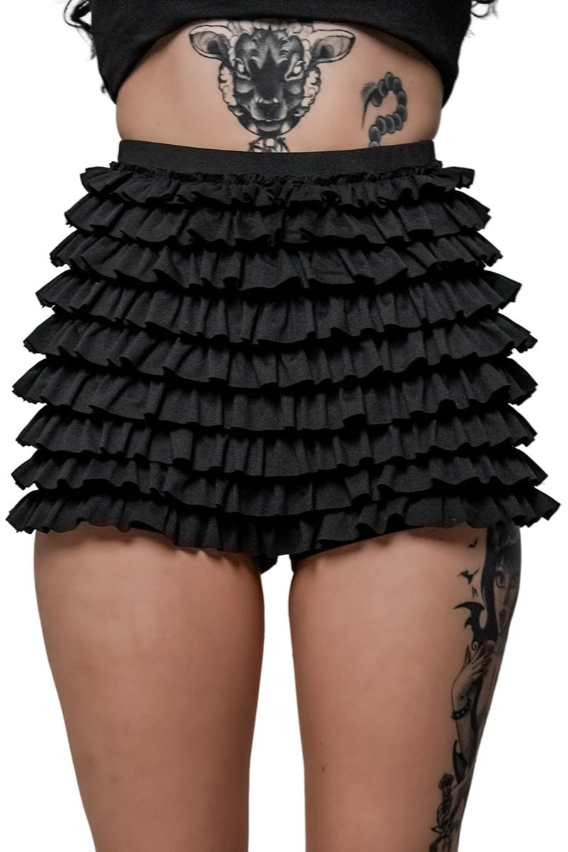 womens black ruffled bloomer shorts
