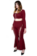 Deep red womens leggings with lace up flare leg