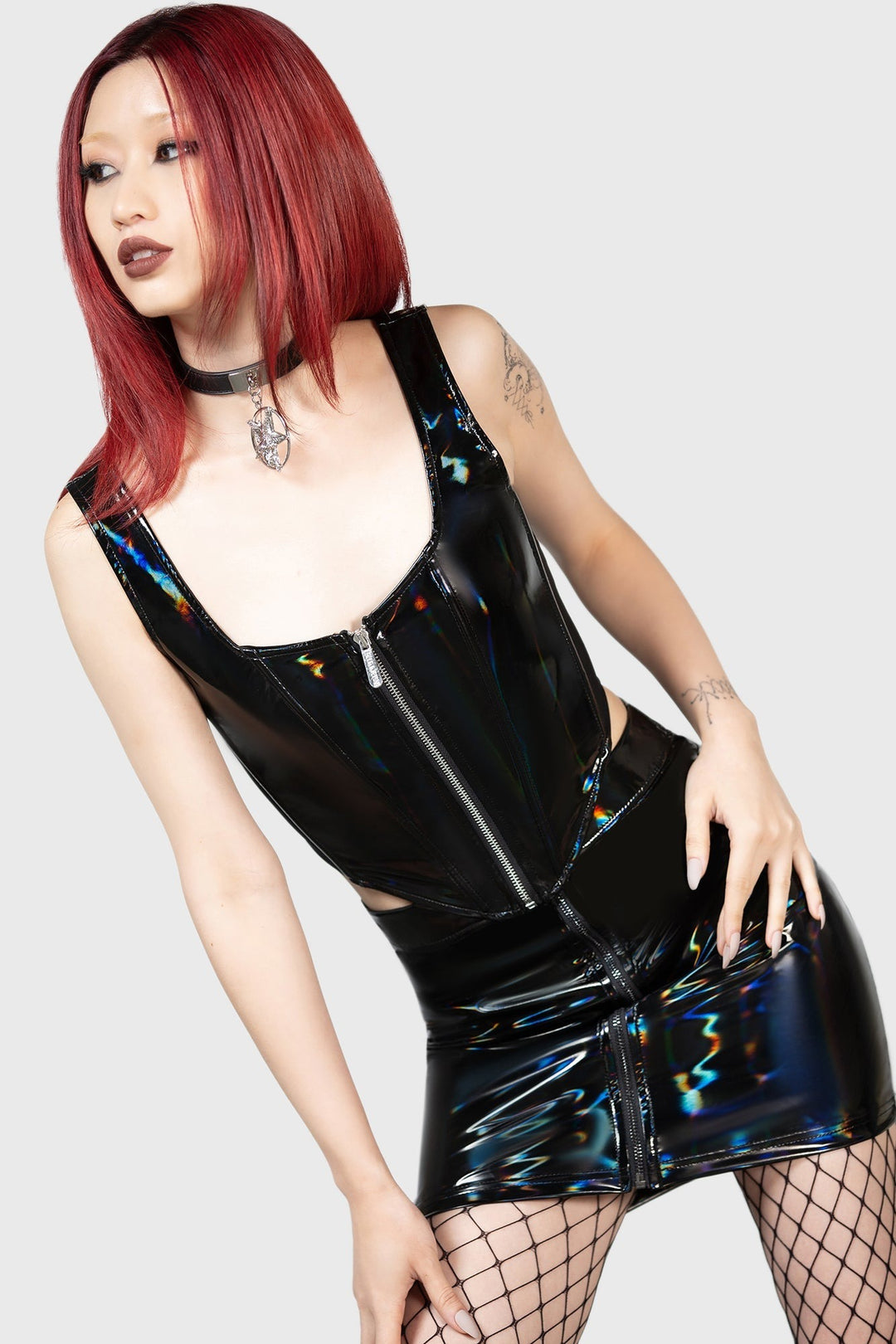 mesh holographic leather top