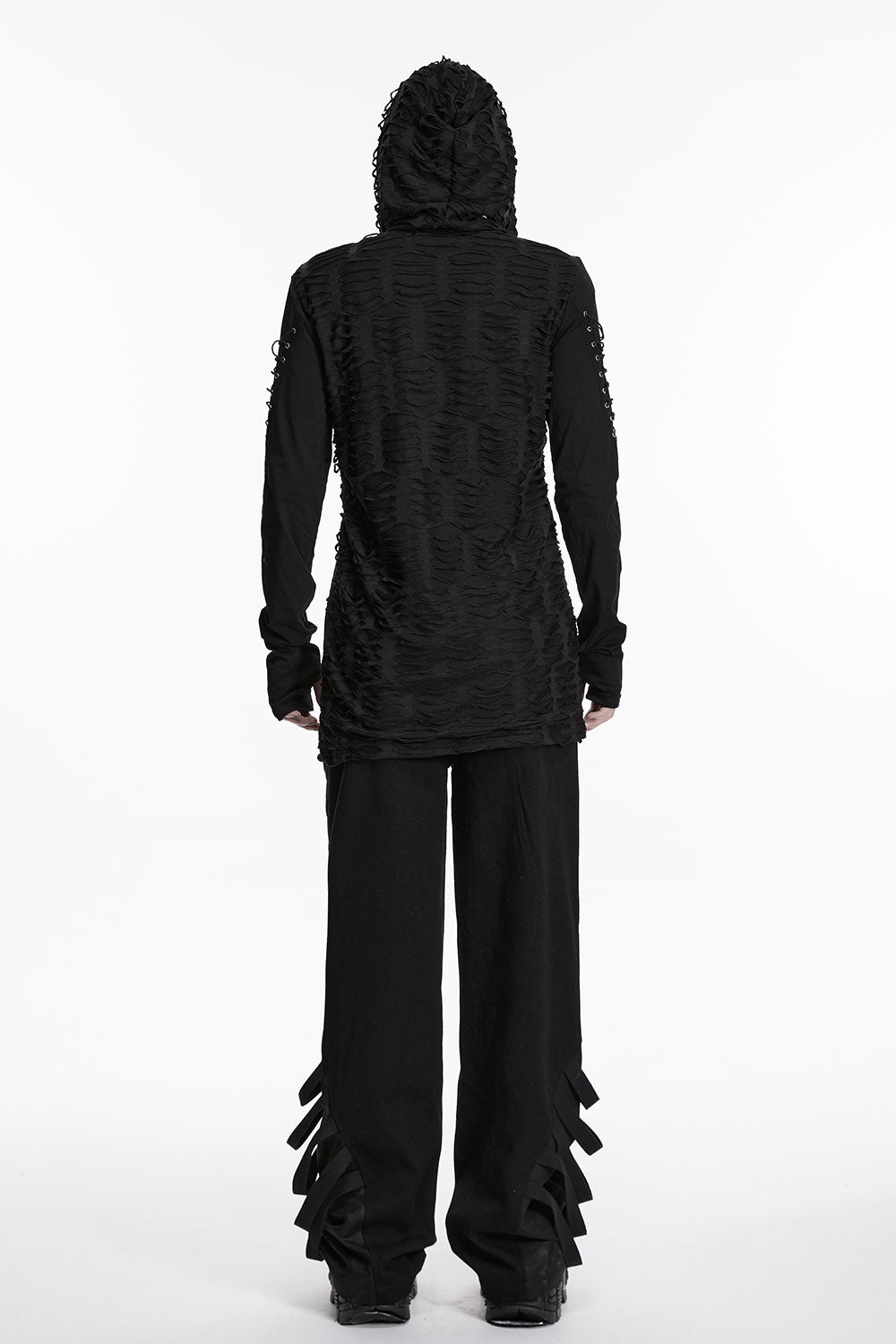 back view of gothic distressed hooded top from punk rave