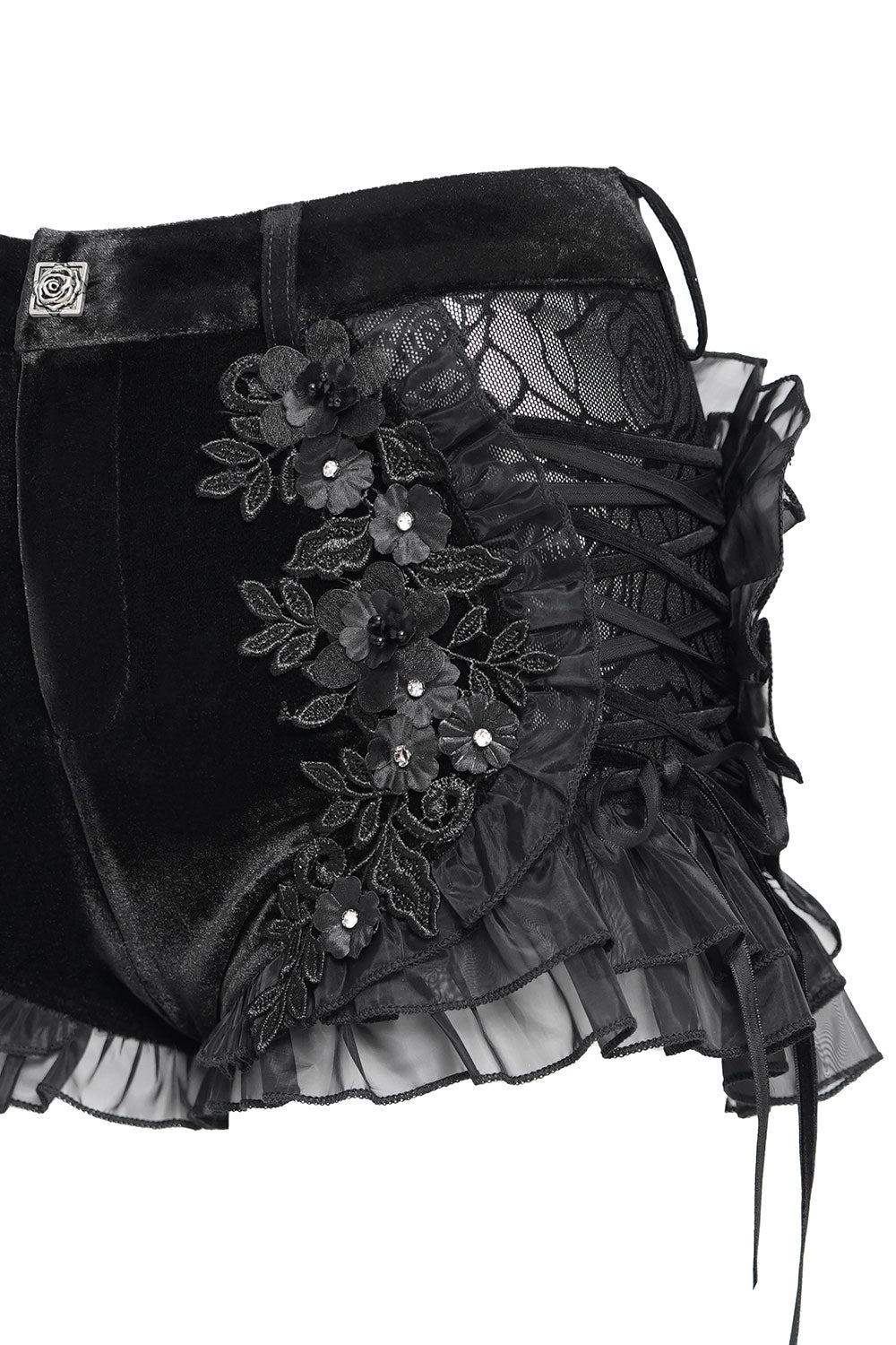 Gothic mesh and lace shorts with embroidered flowers