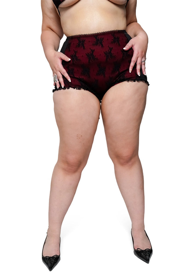plus size red and black lace bloomer swim shorts