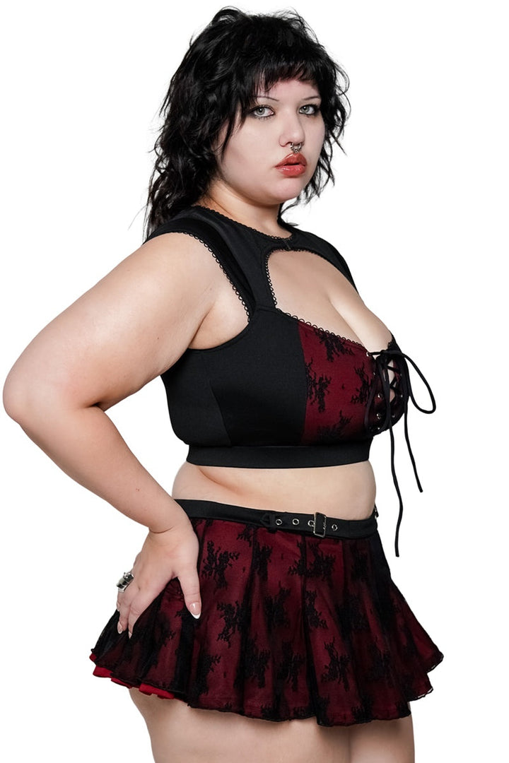 black and red keyhole cutout bikini top with picot trim