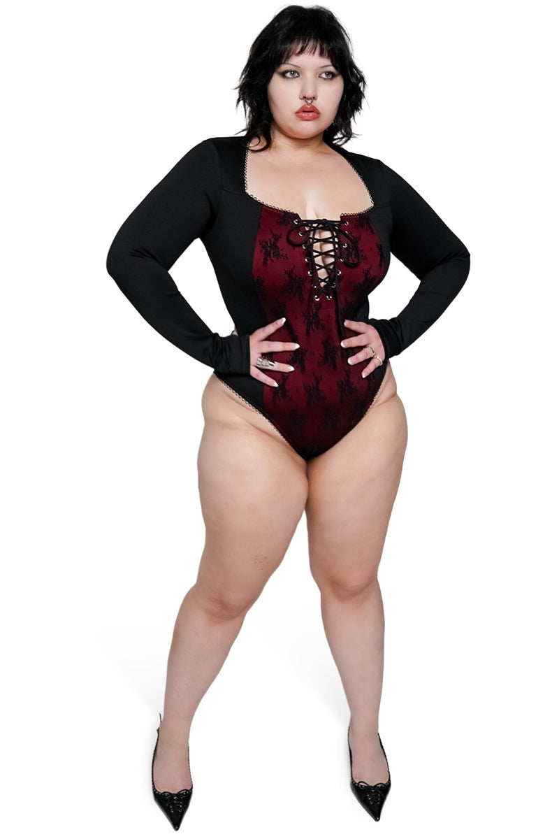 red and black lace long sleeve gothic bathing suit