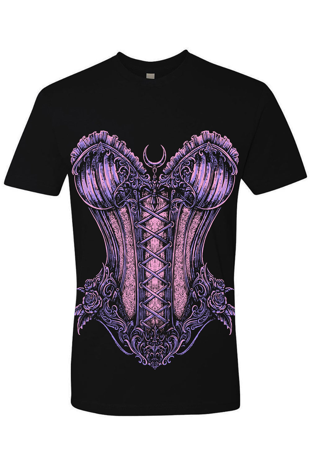 A black short-sleeve crewneck t-shirt featuring a large, detailed graphic of an ornate purple and pink corset on the front, set against a plain white background.