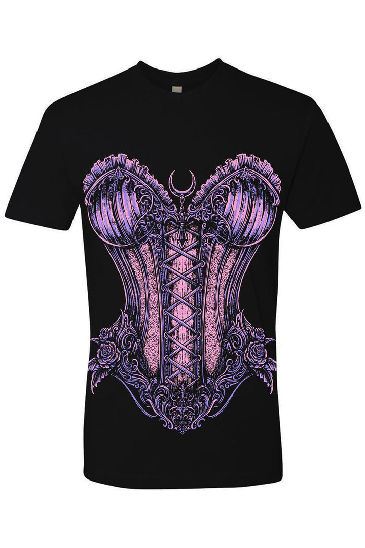 A black short-sleeve crewneck t-shirt featuring a large, detailed graphic of an ornate purple and pink corset on the front, set against a plain white background.