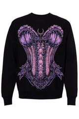 A black crewneck sweatshirt featuring a large, detailed graphic of a gothic-style purple and pink corset with lace-up details and ornate floral elements.
