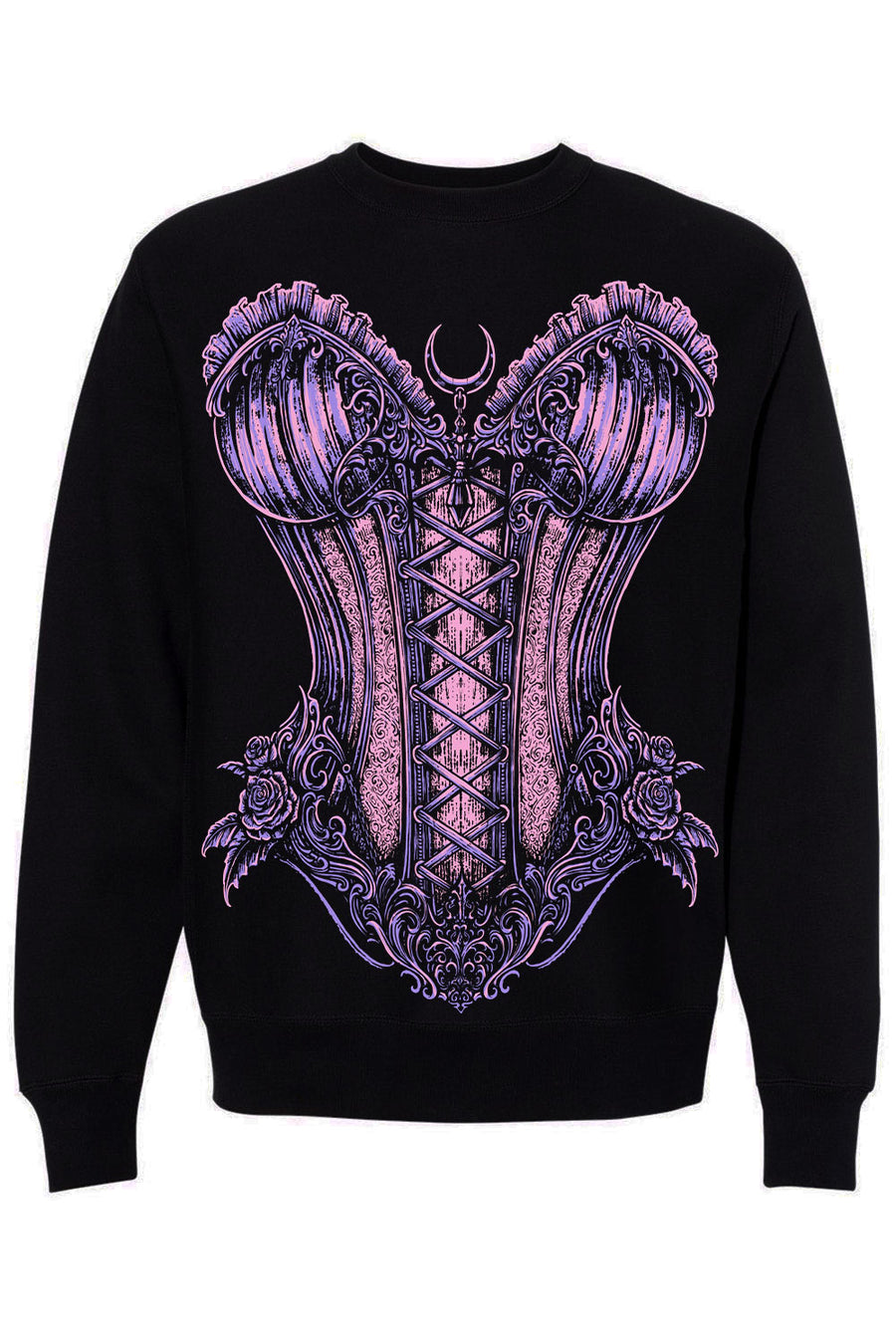 A black crewneck sweatshirt featuring a large, detailed graphic of a gothic-style purple and pink corset with lace-up details and ornate floral elements.