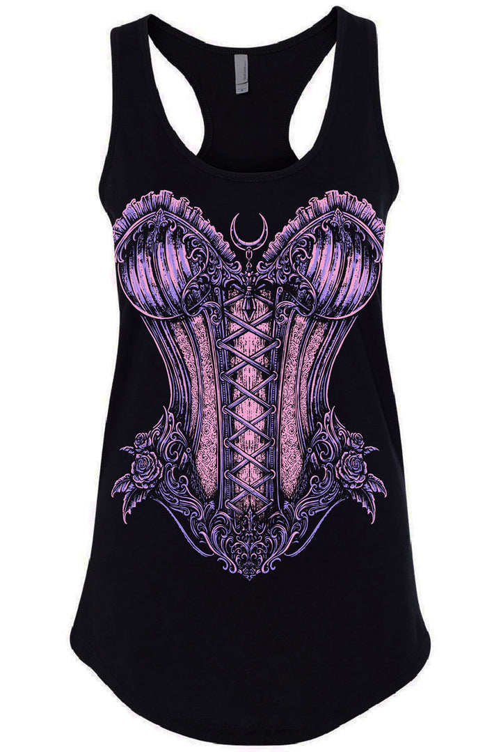 A black racerback tank top featuring a large purple and pink gothic corset graphic on the front, displayed against a solid white background.