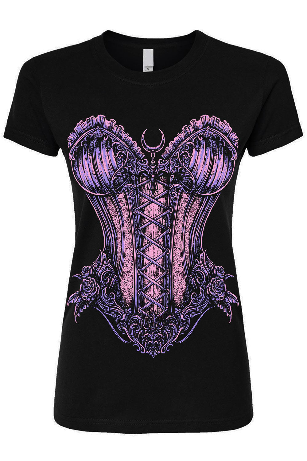 A black short-sleeve crewneck t-shirt featuring a large, detailed graphic of a purple and pink gothic corset with a crescent moon on the chest, set against a plain white background.