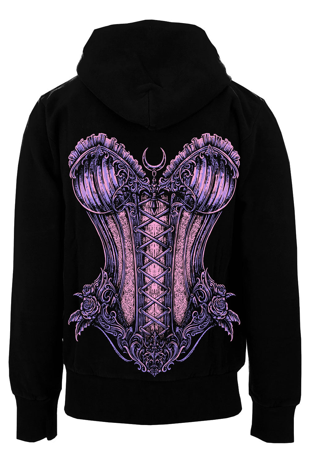A black pullover hoodie shown from the back, featuring a large, ornate purple and lavender gothic corset graphic with lace-up details and wing-like elements.