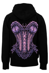 A black pullover hoodie shown from the back, featuring a large, ornate purple and lavender gothic corset graphic with lace-up details and wing-like elements.