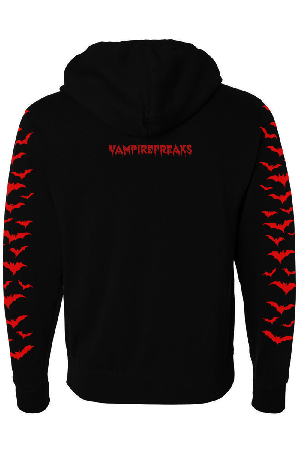 dark spooky gothic vampire hoodie with red bats on sleeves and VF branding on the back