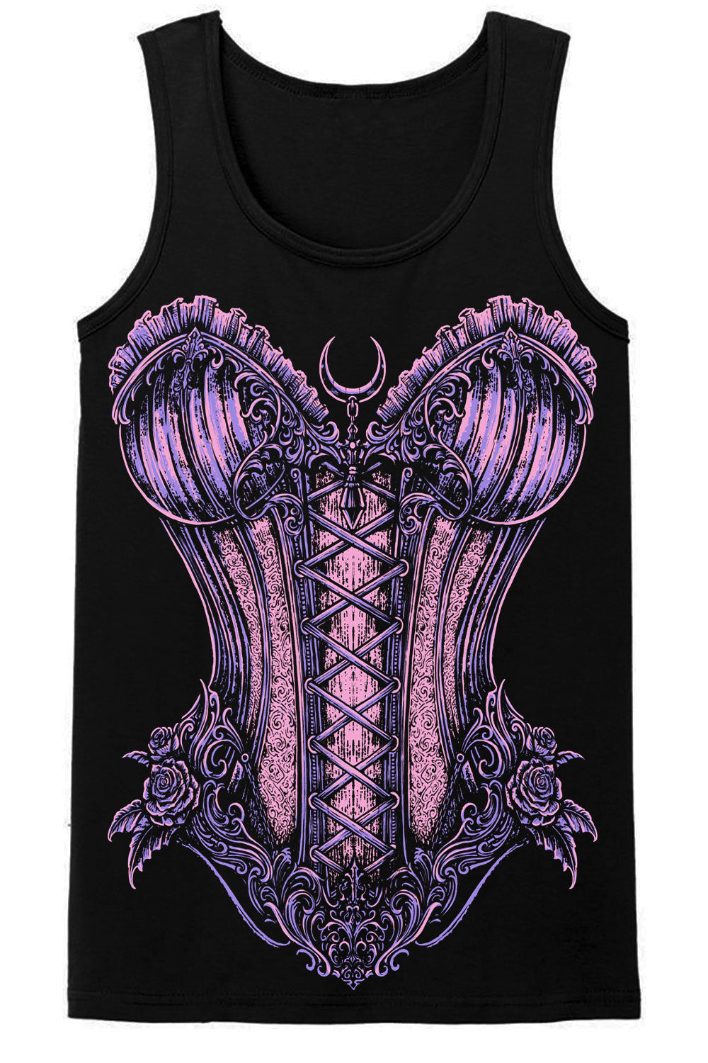A black sleeveless tank top featuring a large, detailed graphic of a purple and lavender gothic-style lace-up corset with roses and a crescent moon on the chest.