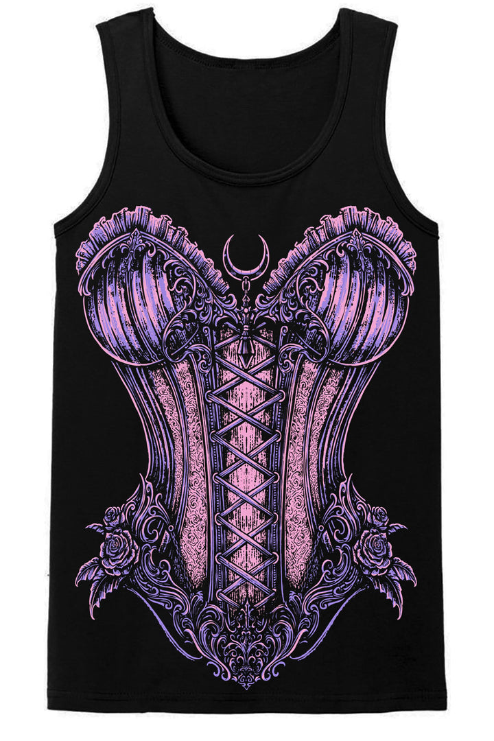 A black sleeveless tank top featuring a large, detailed graphic of a purple and lavender gothic-style lace-up corset with roses and a crescent moon on the chest.