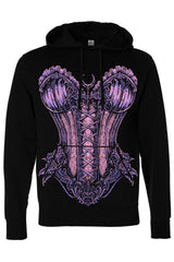 A black pullover hoodie featuring a large, detailed graphic print of a gothic-style corset in shades of purple and pink on the front.