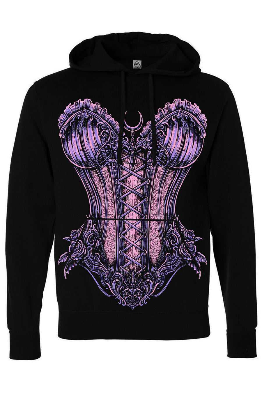 A black pullover hoodie featuring a large, detailed graphic print of a gothic-style corset in shades of purple and pink on the front.