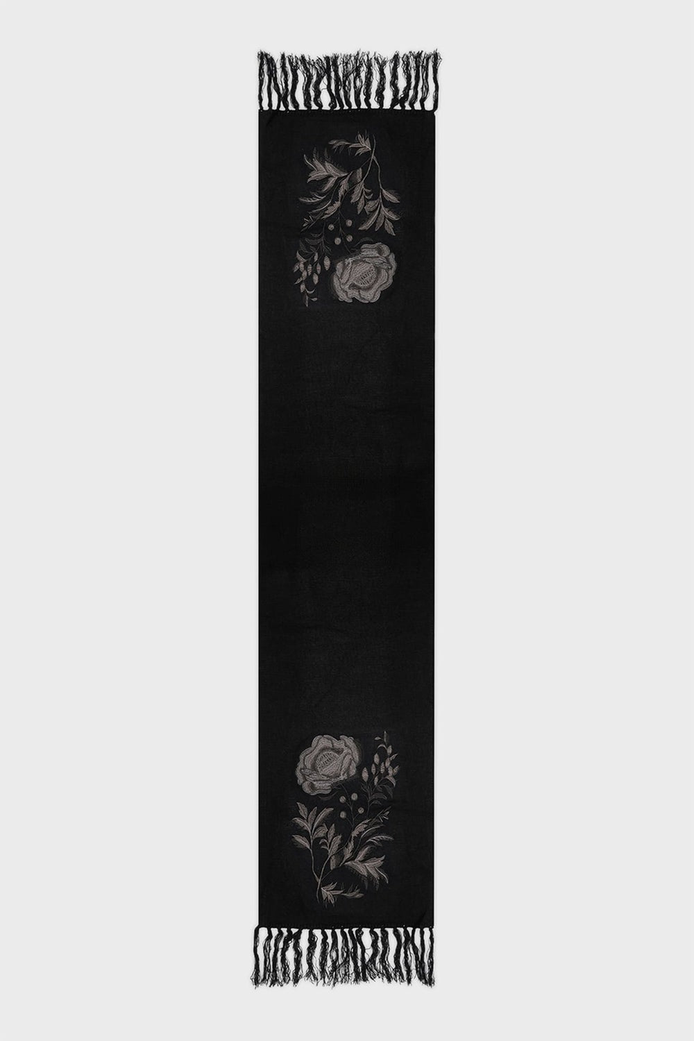 black and grey knitted dark cottagecore embroidered rose scarf