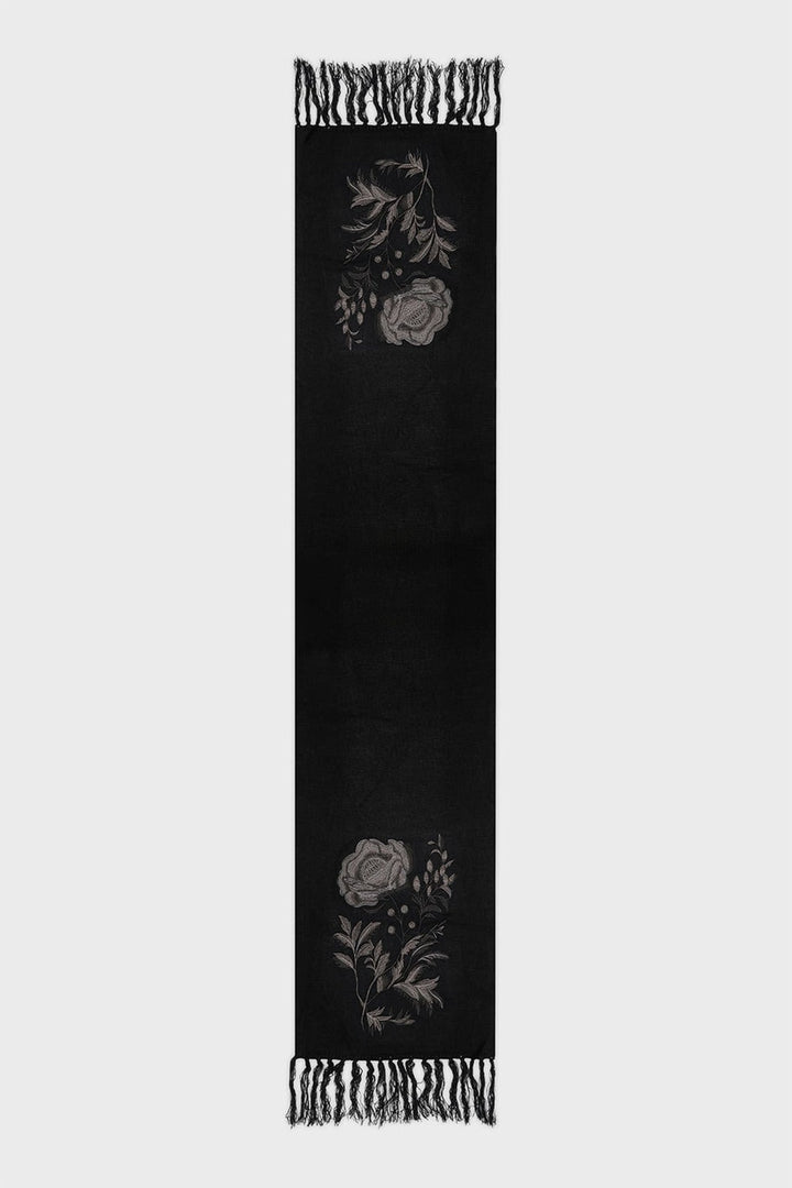 black and grey knitted dark cottagecore embroidered rose scarf