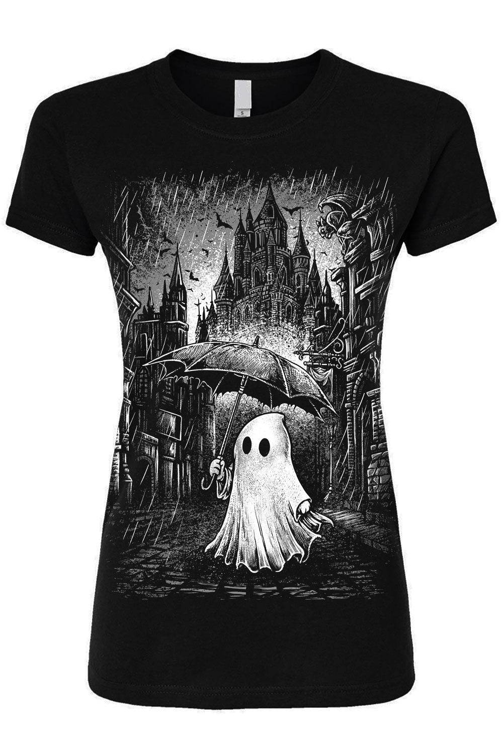 Rainy day ghost white and gray graphic on womens black short sleeve tshirt