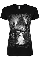 Rainy day ghost white and gray graphic on womens black short sleeve tshirt