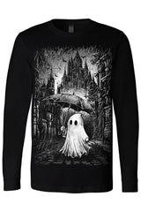 Cute ghost with umbrella in rain graphic on black long sleeve shirt from VampireFreaks