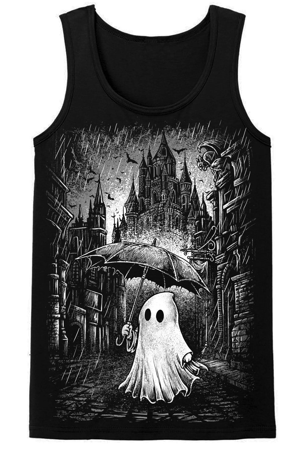 Mens tank top with ghost and umbrella graphic