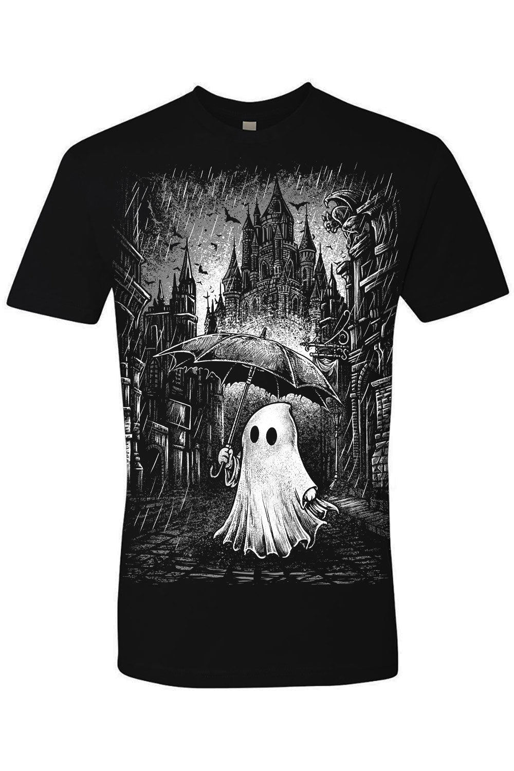 VampireFreaks mens black short sleeve tshirt with ghost and umbrella graphic