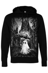 Cute rainy day ghost with umbrella graphic on black pullover hoodie